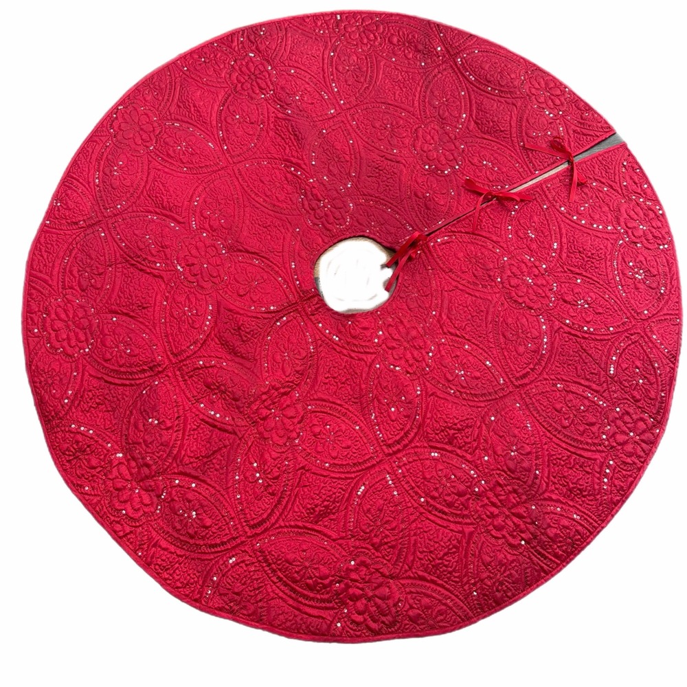 Red Quilted Floral Sequin Christmas Tree Skirt Ribbon Ties Holiday Decor 52in